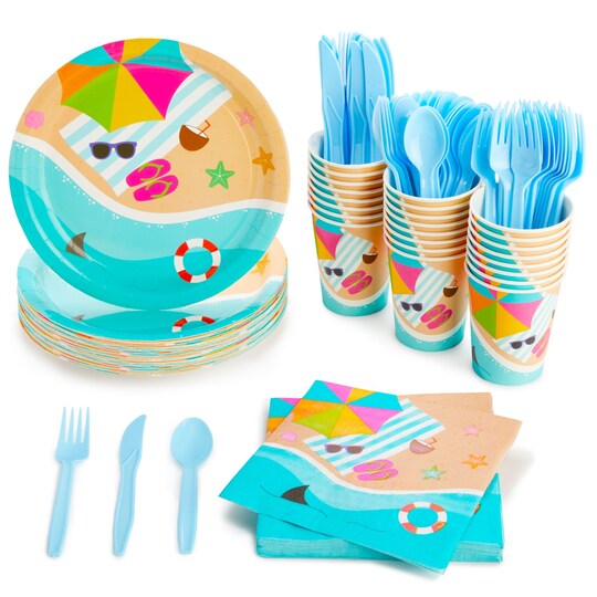 Blue Panda; 144 Piece Beach Theme Party Supplies, Summer Dinnerware Set with Plates, Napkins, Cups, and Cutlery (Serves 24); Category:Party Serveware; Image:1